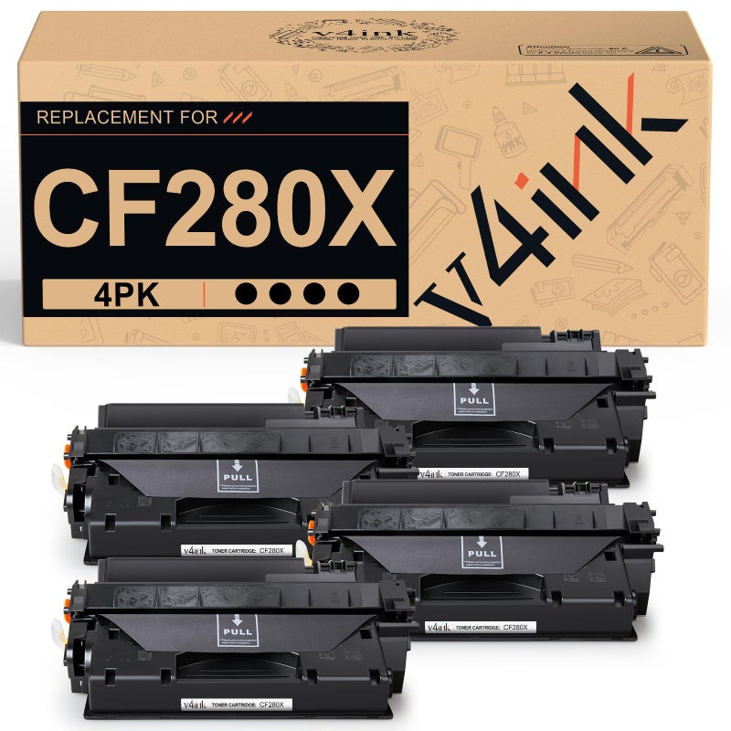 v4ink 4PK CF280X Toner Cartridge Compatible Replacement for HP 80A 80X CF280X Toner Cartridge Ink High Yield for HP Pro 400 M401 M401a M401d M401dn M401dne M401dw M401n MFP M425dn M425dw Printer - Image 1